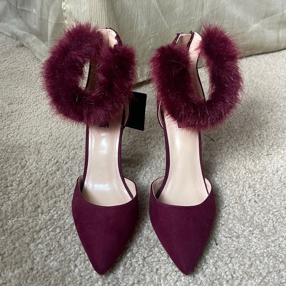 Burgundy Suede Stiletto Pumps w/ Fur Ankle Straps